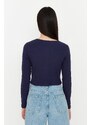 Trendyol Navy Blue Button Detailed Crop Crew Neck Ribbed Stretch Knitted Blouse