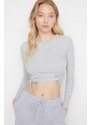 Trendyol Gray Shirring Detail Fitted Crop Crew Neck Ribbed Cotton Stretch Knitted Blouse