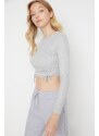 Trendyol Gray Shirring Detail Fitted Crop Crew Neck Ribbed Cotton Stretch Knitted Blouse