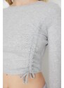 Trendyol Gray Shirring Detail Fitted Crop Crew Neck Ribbed Cotton Stretch Knitted Blouse