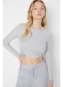 Trendyol Gray Shirring Detail Fitted Crop Crew Neck Ribbed Cotton Stretch Knitted Blouse