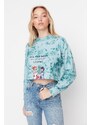 Trendyol Green The Flintstones Printed Crop Knitted Sweatshirt