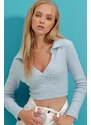 Trend Alaçatı Stili Women's Baby Blue Polo Collar Corduroy Soft Textured Crop Blouse