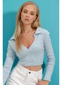 Trend Alaçatı Stili Women's Baby Blue Polo Collar Corduroy Soft Textured Crop Blouse