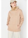 Trendyol Beige Loose Hooded Fleece Fleece Sports Sweatshirt