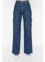 Trendyol tmavě modré džíny s vysokým pasem a širokými nohavicemi s cargo kapsou
