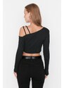 Trendyol Black Fitted Crop With Accessory Detail Piping, Flexible Knitted Blouse with Crop