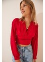 Happiness İstanbul Women's Red Deep V Neck Crop Sandy Knitted