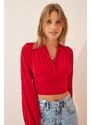 Happiness İstanbul Women's Red Deep V Neck Crop Sandy Knitted