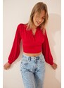 Happiness İstanbul Women's Red Deep V Neck Crop Sandy Knitted