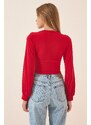 Happiness İstanbul Women's Red Deep V Neck Crop Sandy Knitted