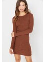 Trendyol Brown Low-Cut Back, Fitted Crew Neck Mini Ribbed Stretch Knit Dress