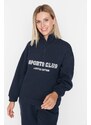 Trendyol Navy Blue Oversize/Wide Printed Zipper High Neck Thick Fleece Sweatshirt