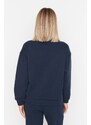 Trendyol Navy Blue Oversize/Wide Printed Zipper High Neck Thick Fleece Sweatshirt