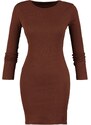 Trendyol Brown Low-Cut Back, Fitted Crew Neck Mini Ribbed Stretch Knit Dress