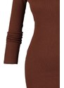 Trendyol Brown Low-Cut Back, Fitted Crew Neck Mini Ribbed Stretch Knit Dress