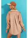 Trend Alaçatı Stili Women's Stone Velvet Cotton Double Pocket Oversize Jacket Shirt