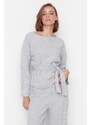 Trendyol Gray Sash Detail Ribbed Wide Fit Knitted Pajamas Set