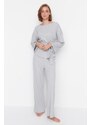 Trendyol Gray Sash Detail Ribbed Wide Fit Knitted Pajamas Set