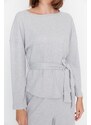 Trendyol Gray Sash Detail Ribbed Wide Fit Knitted Pajamas Set