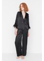 Trendyol Black Feather Detailed Satin Shirt-Pants Woven Pajama Set