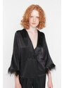 Trendyol Black Feather Detailed Satin Shirt-Pants Woven Pajama Set