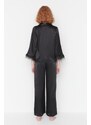 Trendyol Black Feather Detailed Satin Shirt-Pants Woven Pajama Set