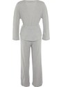 Trendyol Gray Sash Detail Ribbed Wide Fit Knitted Pajamas Set