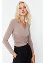 Trendyol Beige Ruffle Detailed V-Neck Flexible Knitted Body With Snap Button