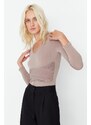 Trendyol Beige Ruffle Detailed V-Neck Flexible Knitted Body With Snap Button