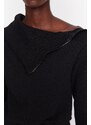 Trendyol Black Collar with Rib and Zipper Detail, Fleece Inside, Knitted Sweatshirt