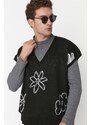 Trendyol Black Unisex Oversize Fit Wide Fit Floral Patterned Knitwear Sweater