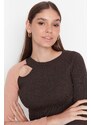 Trendyol Brown Color Block Cut Out Detailed Fitted/Skinned Ribbed Stretch Knit Blouse