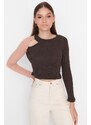 Trendyol Brown Color Block Cut Out Detailed Fitted/Skinned Ribbed Stretch Knit Blouse