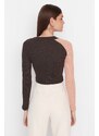 Trendyol Brown Color Block Cut Out Detailed Fitted/Skinned Ribbed Stretch Knit Blouse