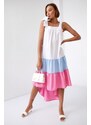 FASARDI Letní šaty na ramínka s delším zadním dílem v modré a růžové barvě
