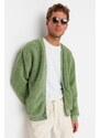 Trendyol Green Relaxed Fit/Comfortable Cut V-Neck Buttoned Plush Thick Cardigan