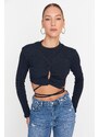 Trendyol Navy Blue Lace-Up Detailed Fitted/Skinned Crop Ribbed Stretch Knit Blouse