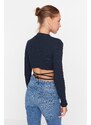 Trendyol Navy Blue Lace-Up Detailed Fitted/Skinned Crop Ribbed Stretch Knit Blouse