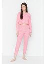 Trendyol Pink Button Detailed Crop Corduroy Pajamas Set