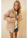 Happiness İstanbul Women's Cream Hooded Oversized Puffy Coat