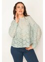 Şans Women's Plus Size Green Balloon Sleeve Lace Blouse