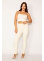 Şans Women's Plus Size Beige Plaid Printed Lycra 5-Pocket Jeans Trousers