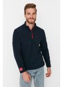Trendyol Navy Blue Regular/Normal Cut Zippered Stand Collar Embroidered Label Thick Sweatshir