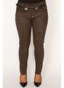 Şans Women's Plus Size Khaki Checkered Trousers with Belt and Accessory