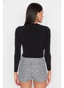 Trendyol Black With Shirring Detailed Sleeves, Fitted/Situated Stand Collar Crop Flexible Knitted Blouse