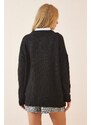 Happiness İstanbul Dámský černý oversize pletený svetr s výstřihem do V