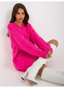Fashionhunters Fluo růžové volné pletené šaty s výstřihem do V RUE PARIS