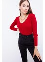 Lafaba Women's Red V-Neck Knitwear Sweater