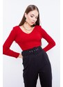 Lafaba Women's Red V-Neck Knitwear Sweater